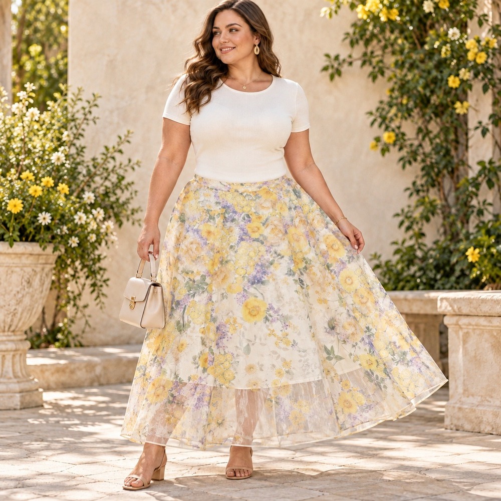 Anewsta Curve Women 1XL Maxi Skirt Boho Yellow Floral Sheer Overlay Lined A-Line
